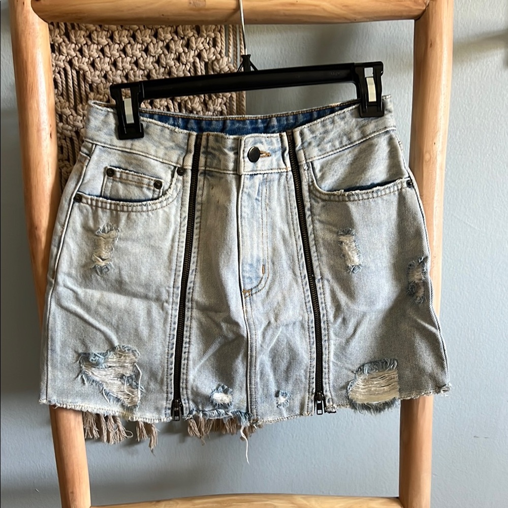 Carmar Distressed Denim Skirt with Black Accents